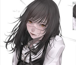 1girl aegyo_sal art_program_in_frame black_dress black_hair black_ribbon chainsaw_man collared_shirt commentary_request cross_scar dress facial_scar light_smile lips long_sleeves looking_at_viewer mano_aaa medium_hair mitaka_asa neck_ribbon orange_eyes parted_lips pinafore_dress portrait ribbon scar scar_on_cheek scar_on_face scar_on_nose shirt sleeveless sleeveless_dress solo unfinished white_shirt