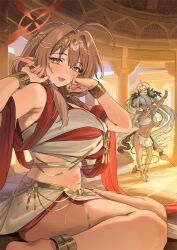 2girls ahoge aochoku bare_shoulders blue_archive blush breasts brown_hair chinatsu_(blue_archive) dark-skinned_female dark_skin demon_tail grey_hair halo highres iori_(blue_archive) large_breasts long_hair looking_at_viewer medium_breasts medium_hair multiple_girls navel open_mouth pointy_ears red_eyes smile tail twintails