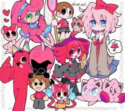 :d ;d ahoge animal_crossing apple_(animal_crossing) bags_under_eyes baguette banban_(garten_of_banban) bare_shoulders bead_choker beads black_boots black_eyes black_pants blue_choker blue_eyes blue_skirt boots bow bread brown_hair butterfly_net buttons character_request choker closed_mouth collared_shirt color_connection colored_skin commentary copyright_request creatures_(company) crossover detached_sleeves doki_doki_literature_club dot_mouth double-parted_bangs drill_hair flat_chest food full_body furry furry_female game_freak garten_of_banban gen_1_pokemon giggles_(happy_tree_friends) gloves green_eyes grey_jacket grey_shirt grey_shorts grey_skirt grey_sleeves grin hair_between_eyes hair_bow hair_tie hand_net happy_tree_friends hat high_ponytail holding holding_butterfly_net holding_food jacket jigglypuff kasane_teto kasane_teto_(utau) kimoti_omoti kirby kirby_(series) kiyo_saiore lips long_hair long_sleeves looking_at_viewer medium_hair miniskirt mommy_longlegs multiple_boys multiple_crossover multiple_girls neck_ribbon nintendo no_nose no_pupils number_print one_eye_closed open_clothes open_jacket open_mouth pants party_hat pink_gloves pink_skin pleated_skirt pocket pokemon ponytail poppy_playtime red_bow red_eyes red_ribbon red_shirt red_trim ribbon sayori_(doki_doki_literature_club) shirt short_hair short_sleeves shorts skirt smile speech_bubble standing standing_on_one_leg symbol-only_commentary thigh_boots thighhighs thought_bubble tongue twin_drills twitter_username utau v_arms villager_(animal_crossing) watermark web_address white_shirt zettai_ryouiki