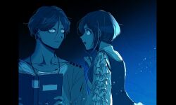 Rule 34 | 1boy, 1girl, b1ue e4rth, blue theme, book, breasts, closed mouth, collared shirt, commentary request, eye contact, frilled shirt, frilled sleeves, frills, fukurai azami, holding, holding book, index finger raised, korean commentary, long sleeves, looking at another, medium breasts, meguriya ayumu, monochrome, open book, open mouth, profile, shirt, short hair, toshi densetsu kaitai center, upper body