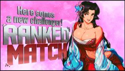 1girl black_hair breasts brown_hair chest_sarashi cleavage clothing_request commentary corset david_liu english_commentary english_text fatal_fury green_background haori highres japanese_clothes large_breasts linea_alba long_hair midriff navel off_shoulder official_alternate_costume open_mouth orange_eyes red_bustier revision sarashi shiny_skin shiranui_mai simple_background single_bare_shoulder smile solo street_fighter street_fighter_6 teeth upper_body upper_teeth_only