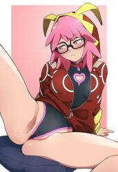 1girl absurdres animanghayodraw ass black_leotard boku_no_hero_academia female_focus glasses haneyama_kazuho highres jacket leotard leotard_under_clothes pale_skin pink_eyes pink_hair pop_step revealing_clothes solo solo_focus vigilante:_my_hero_academia_illegals wide_hips