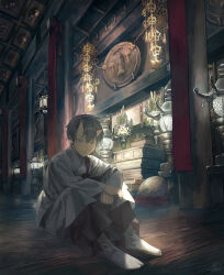 1boy altar black_hair candle gong grey_eyes highres hise horns hugging_own_legs indoors japanese_clothes lantern looking_at_viewer male_focus on_floor oni oni_horns original scenery short_hair sitting socks vase white_socks wooden_floor