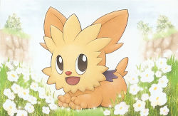 :d animal_focus black_eyes creature creatures_(company) dog flower full_body game_freak gen_5_pokemon grass lillipup lying mizue nintendo no_humans official_art on_stomach open_mouth pokemon pokemon_(creature) pokemon_tcg smile solo third-party_source