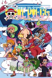 Rule 34 | 3girls, 6+boys, afro, arm tattoo, blonde hair, blue eyes, blue hair, blue kimono, book cover redraw, brook (one piece), chonmage, cigarette, cloud, commentary, copyright name, dark-skinned male, dark skin, derivative work, earphones, earrings, english commentary, fake beard, fake facial hair, franky (one piece), full body, geisha, green hair, green kimono, hair bun, hand fan, haunted-xander, highres, holding, holding fan, japanese clothes, jewelry, kimono, kurozumi tama, looking at viewer, monkey d. luffy, multiple boys, multiple girls, nami (one piece), nami (one piece) (wano), nico robin, nico robin (wano), ninja, obi, one eye closed, one piece, orange hair, orange sash, purple hair, red kimono, roronoa zoro, sandals, sanji (one piece), sash, scar, scar across eye, scar on face, shuriken, skeleton, sleeveless, sleeveless kimono, smile, straw hat pirates, striped clothes, striped kimono, tattoo, tony tony chopper, topknot, usopp, vertical-striped clothes, vertical-striped kimono, weapon