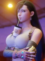 1girl 3d bare_shoulders between_breasts breasts brown_eyes brown_hair bubble_tea bubble_tea_challenge crossed_arms cup drink drinking drinking_straw earrings female_focus final_fantasy final_fantasy_vii final_fantasy_vii_remake highres jewelry large_breasts lips long_hair looking_at_viewer meme smile solo tank_top tifa_lockhart upper_body