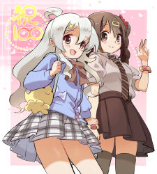 2girls :d ahoge alternate_costume bag bare_arms bare_legs black_hair black_thighhighs blue_jacket blush bow bowtie brown_bow brown_bowtie brown_eyes brown_hair brown_necktie brown_skirt commentary cowboy_shot diagonal-striped_clothes diagonal-striped_necktie drill_hair flower hair_between_eyes hair_flower hair_ornament hairclip hand_up highres holding_another&#039;s_wrist holding_strap jacket kyarahiba long_hair looking_at_viewer milestone_celebration multiple_girls necktie onii-chan_wa_oshimai! open_mouth oyama_mahiro oyama_mihari plaid_clothes plaid_skirt puffy_short_sleeves puffy_sleeves shirt short_sleeves siblings sisters skirt smile star_(symbol) star_hair_ornament striped_clothes thighhighs twin_drills twintails w white_bow white_hair white_shirt zettai_ryouiki