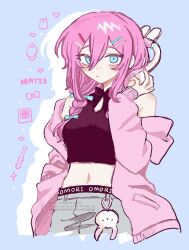 1girl adjusting_headphones animal_charm animal_ear_headphones animal_ears aqua_bow aqua_eyes aubrey_(birthday)_(omori) aubrey_(faraway)_(omori) aubrey_(omori) bare_shoulders baseball_bat belt black_belt black_shirt blue_background blush bow braid breasts cardigan cardigan_partially_removed clothes_writing commentary copyright_name crop_top cropped_legs cropped_shirt dated denim double-parted_bangs english_commentary fake_animal_ears film_grain forest_bunny?_(omori) grey_pants hair_between_eyes hair_bow hair_ornament hair_over_shoulder hand_in_pocket hand_up happy_birthday headphones heart highres hood hood_down hooded_cardigan jeans medium_breasts midriff mr._plantegg_(omori) nail_(hardware) nail_bat nail_polish navel neko_maro27 official_alternate_costume official_alternate_hairstyle omori pants parted_lips photo_(object) pink_cardigan pink_nails rabbit_ear_headphones shirt simple_background sleeveless sleeveless_shirt solo twitter_username watermark