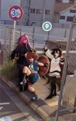 3girls ahoge animal_ears antenna_hair archived_source arm_up artist_collaboration asymmetrical_hair bad_tag bandaid bandaid_on_face bandaid_on_nose black_arm_warmers black_boots black_hair black_hood black_pantyhose black_shirt black_shoes black_shorts black_skirt black_socks blue_jacket blue_overskirt blue_shoes bodystocking boots bright_pupils brown_hair brown_tail chain-link_fence chest_strap colored_tips commentary criss-cross_straps cropped_jacket double_v fence fishnet_bodystocking fishnets goggles goggles_on_head google_street_view hair_between_eyes hair_flaps hair_over_one_eye hand_up high_school_girls_posing_for_google_street_view_(meme) highres hood hoodie imars indie_virtual_youtuber jacket kneehighs lin_kaimane long_hair long_sleeves looking_at_viewer meme midriff multicolored_hair multiple_girls nene_efthy open_clothes open_jacket orange_eyes outstretched_arms pantyhose photo_background pink_hair plaid_clothes plaid_skirt pleated_skirt puffy_long_sleeves puffy_sleeves purple_skirt purple_thighhighs raccoon_ears raccoon_girl raccoon_tail raised_curb rakkun_sutaru red_eyes red_hair road_sign shirt shoes short_hair short_sleeves shorts sidewalk sign single-shoulder_shirt skirt slash-ex socks spanish_commentary split-color_clothes standing standing_on_one_leg striped_tail swept_bangs tactile_paving tail thigh_strap thighhighs toraberaaa turtleneck turtleneck_jacket two-tone_skirt v very_long_hair virtual_youtuber white_hoodie white_pupils white_shirt white_skirt yellow_eyes zettai_ryouiki