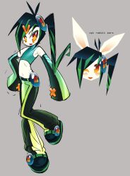 1other adoptable androgynous animal_ears blush cbts004 commentary crop_top cyber_fashion detached_sleeves english_commentary frutiger_aero green_hair grey_background hair_ornament highres logo long_hair looking_at_viewer microsoft_windows original os-tan other_focus personification rabbit_ears shiny_clothes side_ponytail simple_background sketch sleeves_past_fingers sleeves_past_wrists smile standing standing_on_one_leg windows_vista yellow_eyes