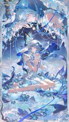 1girl absurdres armlet bare_legs blue_hair blue_nails blue_veil breasts colored_eyelashes commentary dress english_commentary hair_between_eyes heel-less_heels high_heel_sandals highres jewelry large_breasts legs logo long_hair looking_at_viewer multiple_views nail_polish official_art parted_lips purple_eyes sandals shorekeeper_(wuthering_waves) sitting sleeveless sleeveless_dress smusmuye steepled_fingers toenail_polish toenails toes two-tone_veil veil white_dress white_veil wuthering_waves yokozuwari