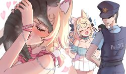 1boy 2girls animal_ear_fluff animal_ears bare_shoulders black_fur blue_camisole blue_hair blush body_fur breasts breath camisole cat chain close-up closed_eyes commentary cowboy_shot dog_ears dog_girl embarrassed english_commentary fuwawa_abyssgard fuwawa_abyssgard_(casual) group_picture heart highres hololive hololive_english huffing large_breasts long_hair mococo_abyssgard mococo_abyssgard_(casual) multicolored_hair multiple_girls pink_hair pleated_skirt police police_uniform short_hair siblings simple_background sisters skirt smelling sobbi11 streaked_hair twins two-tone_hair two_side_up virtual_youtuber white_background white_skirt