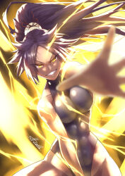 1girl abs bare_shoulders black_leotard bleach bleach:_sennen_kessen-hen breasts collarbone covered_abs curvy dark-skinned_female dark_skin electricity electrokinesis energy female_focus hair_ornament highleg highleg_leotard leotard long_hair medium_breasts ponytail purple_hair shihouin_yoruichi str_rail teeth thong_leotard toned toned_female wide_hips yellow_electricity yellow_eyes