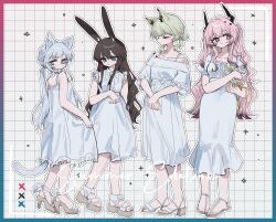 4girls alternate_costume amiya_(arknights) animal_ears arknights brown_hair cat_ears cat_girl cat_tail closed_eyes demon_girl demon_horns dress green_eyes highres horns kal&#039;tsit_(arknights) long_hair match_bou_(match_match03) multiple_girls off-shoulder_dress off_shoulder pink_hair rabbit_ears rabbit_girl rabbit_tail rosmontis_(arknights) sandals tail theresa_(arknights) white_dress