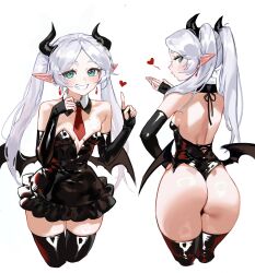 1girl absurdres ass backless_leotard bare_shoulders bat_wings black_dress black_gloves black_leotard black_thighhighs blowing_kiss blush breasts commentary cropped_legs demon_horns detached_collar dress earrings elbow_gloves elf fake_horns fake_wings fingerless_gloves foolish_potato frieren from_behind gloves green_eyes grey_hair grin hand_on_own_hip hands_up heart highleg highleg_leotard highres horns index_finger_raised jewelry leotard long_hair long_pointy_ears looking_at_viewer looking_back low_wings multiple_views necktie parted_bangs pointy_ears red_necktie shiny_skin short_dress short_necktie simple_background small_breasts smile sousou_no_frieren strapless strapless_dress strapless_leotard symbol-only_commentary teardrop_earrings thighhighs thong_leotard twintails very_long_hair white_background wings