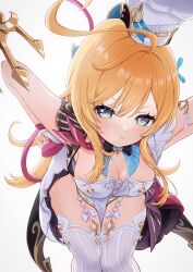 1girl :t ahoge blue_eyes blush breasts chef chef_hat closed_mouth escoffier_(genshin_impact) fake_tail feet_out_of_frame fork_hair_ornament garter_straps genshin_impact hair_between_eyes hands_on_own_hips hat highres knees_together_feet_apart large_breasts leaning_forward long_hair orange_hair pout saeki_pcwtr8422 simple_background solo tail thighhighs white_background white_thighhighs