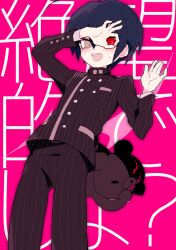 1boy ahoge alternate_eye_color bear black_jacket black_pants blue_hair blush buttons collared_shirt commentary_request cowboy_shot crazy danganronpa_(series) danganronpa_v3:_killing_harmony double-breasted eyelashes from_below hair_between_eyes hand_up heterochromia high_collar jacket layered_sleeves long_sleeves looking_at_viewer male_focus monokuma ok_sign ok_sign_over_eye open_mouth palms pants pink_background pinstripe_jacket pinstripe_pants pinstripe_pattern pocket red_eyes ruri_(2620981) saihara_shuichi shirt short_hair smile sweat teeth translation_request upper_teeth_only yellow_eyes