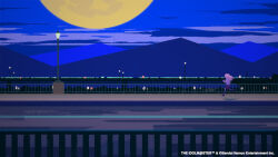 1girl black_shoes black_shorts blonde_hair cloud cloudy_sky commentary dark_clouds from_side full_body full_moon gakuen_idolmaster highres huge_moon idolmaster jacket juo_sena lamppost long_hair looking_ahead moon mountainous_horizon night night_sky official_art railing road running sakutaro_(39ar_39ca) scenery shoes shorts sky sneakers solo tiny_ambition_(idolmaster) white_jacket