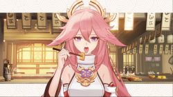 1girl animal_ears bare_shoulders chinese_commentary chopsticks commentary_request detached_sleeves food fox_ears genshin_impact hair_between_eyes highres holding holding_chopsticks letterboxed long_hair long_sleeves looking_at_viewer nontraditional_miko open_mouth outside_border pink_hair purple_eyes shirt sleeveless sleeveless_shirt solo tofu tongue tongue_out upper_body very_long_hair white_shirt yae_miko yizhibao