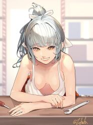 1girl breasts downblouse fuwafuwatoufu grey_hair highres jewelry kantai_collection kantai_collection_(anime) leaning_forward medium_breasts one-hour_drawing_challenge parted_lips ponytail ring screwdriver signature smile solo tank_top upper_body wedding_ring white_tank_top wrench yuubari_(anime)_(kancolle) yuubari_(kancolle) yuubari_kai_ni_(kancolle)