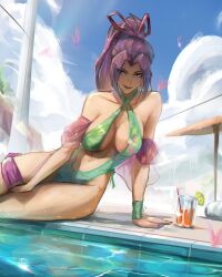 1girl absurdres breasts butterfly_ornament green_one-piece_swimsuit hair_ribbon highres large_breasts long_hair looking_at_viewer marvel marvel_rivals official_alternate_costume one-piece_swimsuit ponytail psylocke psylocke_(breezy_butterfly) purple_hair ribbon smile solo stephengiannart swimsuit water x-men