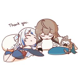 2girls ahoge bird blue_hair blush_stickers brown_hair cape closed_mouth ebi-chan_(gawr_gura) feather_hair_ornament feathers fins fish_tail gawr_gura gawr_gura_(1st_costume) hair_ornament highres hiroavrs hololive hololive_english hooman_(nanashi_mumei) jacket long_hair multicolored_hair multiple_girls nanashi_mumei nanashi_mumei_(1st_costume) open_mouth owl pillow shark_hair_ornament shark_tail sleeping stitches streaked_hair tail two_side_up virtual_youtuber white_hair