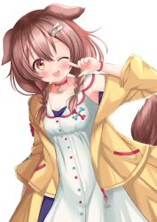 Rule 34 | 1girl, absurdres, animal ears, bone hair ornament, braid, brown hair, dog ears, dog girl, dog tail, dress, hair ornament, hajime yo, highres, hololive, inugami korone, jacket, long hair, looking at viewer, one eye closed, open mouth, solo, tail, twin braids, virtual youtuber, white dress, yellow jacket