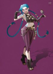 1girl absurdres arcane:_league_of_legends blue_hair boots braid breasts explosive gloves grenade highres jinx_(league_of_legends) league_of_legends long_hair twin_braids twintails very_long_hair weapons