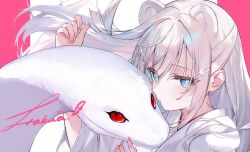 1girl animal_ears bear_ears bear_girl blue_eyes character_request cross-shaped_pupils hair_between_eyes hair_intakes hair_ornament hairclip hakua_aa highres nail_polish original pink_nails red_eyes signature snake symbol-shaped_pupils white_hair