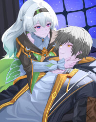 Rule 34 | 1boy, 1girl, absurdres, aqua dress, black hairband, black jacket, caelus (honkai: star rail), closed mouth, collared dress, dress, firefly (honkai: star rail), gradient eyes, gradient hair, green pupils, grey hair, hair between eyes, hair intakes, hairband, hand on another&#039;s chin, highres, honkai: star rail, honkai (series), jacket, long hair, multicolored eyes, multicolored hair, neckerchief, open clothes, open jacket, orange eyes, orange neckerchief, reyryner, short hair, trailblazer (honkai: star rail)