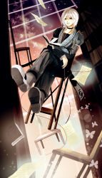 1boy bad_id bad_pixiv_id book bookshelf bug butterfly chair flying flying_paper glasses highres ichitaro bug crossed_legs male_focus morichika_rinnosuke night paper silver_hair sitting solo touhou window