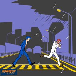 Rule 34 | 2boys, abandir, ankle boots, artist logo, artist name, banchou, bandaid, bandaid on cheek, bandaid on face, belt, belt buckle, blue hair, boots, bousouzoku, buckle, building, buttoned cuffs, buttons, car, city, city lights, cityscape, clip studio paint (medium), cloud, cloudy sky, crosswalk, dark clouds, delinquent, dress shoes, flat color, flattop, gakuran, game boy, handheld game console, hands in pockets, highres, jacket, kunio-kun, kunio-kun series, lamppost, limited palette, logo, male focus, midriff sarashi, motor vehicle, multiple boys, open clothes, open jacket, open mouth, playing games, pompadour, railing, rain, red hair, riki (kunio-kun), road, sarashi, school uniform, self-upload, serious, short hair, sideburns, sidewalk, sky, street, thick eyebrows, urban, very short hair, video game, walking, water drop
