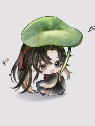 1boy :d black_boots black_hair black_hanfu boots brown_hair chibi chibi_only chinese_clothes full_body grey_background grey_eyes hair_ribbon hanfu highres holding holding_leaf leaf leaf_umbrella long_hair long_sleeves looking_at_viewer male_focus mini_person miniboy modao_zushi ojisan_rbt open_mouth parted_bangs ponytail red_ribbon ribbon robe sidelocks simple_background smile solo sparkle standing twitter_username very_long_hair water_drop watermark wei_wuxian wide_sleeves