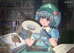 1girl :p absurdres assembling blue_eyes blue_hair blush breasts duhota eyebrows_hidden_by_hair gloves green_hat hair_between_eyes hair_bobbles hair_ornament hat highres holding kawashiro_nitori key lamp medium_breasts solo sweat table tongue tongue_out touhou toy_tank upper_body