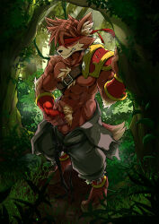1boy abs absurdres animal_ears bara barefoot blush censored clenched_teeth closed_eyes commentary_request digitigrade epic_seven erection furry furry_male hataan_(epic_seven) headband highres male_focus male_masturbation masturbation mosaic_censoring muscular muscular_male pectorals penis red_headband sweat tail teeth topless_male wattyo wolf_boy wolf_ears wolf_tail