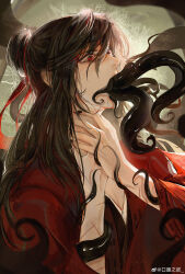 Rule 34 | 1boy, absurdres, bishounen, black hair, black hanfu, black nails, chinese clothes, chinese commentary, coat, covered mouth, creature, dao gui yi xian, hair between eyes, hair bun, hair ribbon, hand up, hands on own neck, hanfu, highres, kou fu zhi yu, li huowang, li sui (tentacles), long hair, long sleeves, looking to the side, male focus, mouth hold, nail polish, pectoral cleavage, pectorals, red coat, red eyes, red ribbon, ribbon, robe, saliva, scar, scar on arm, single hair bun, solo, tears, tentacle in mouth, tentacles, tentacles on male, tentacles under clothes, upper body, watermark, weibo watermark, wide sleeves