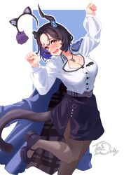 1girl asymmetrical_horns black_hair black_pantyhose black_shoes blue_coat blue_hair blush cat cat_girl cat_tail coat collared_shirt colored_inner_hair commentary dated_commentary english_commentary hand_up high-waist_skirt highres hololive hololive_english horns jailbird_(nerissa_ravencroft) kemonomimi_mode long_sleeves mary_janes miniskirt multicolored_hair nerissa_ravencroft nerissa_ravencroft_(casual) office_lady official_alternate_costume official_alternate_hair_length official_alternate_hairstyle open_mouth pantyhose paw_pose puffy_long_sleeves puffy_sleeves purple_eyes shirt shirt_tucked_in shoes short_hair skirt solo tail takomonty uneven_horns virtual_youtuber wavy_mouth white_shirt