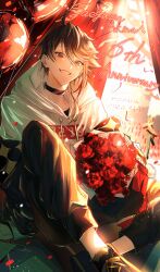 1boy absurdres balloon black_choker black_pants black_shirt black_shoes bouquet brown_hair character_name choker commentary_request curtains drawstring flower grin hair_between_eyes happy_anniversary highres hood hood_down hoodie looking_at_viewer male_focus multicolored_hair nijisanji pants print_hoodie red_flower red_hair saegusa_akina saegusa_akina_(1st_costume) shirt shoes short_hair sirorui. sitting smile solo streaked_hair teeth virtual_youtuber white_hoodie
