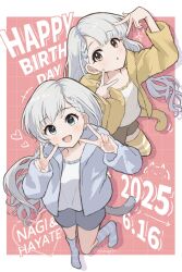 +++ 2girls blue_eyes blue_jacket blue_socks blush braid braided_bangs brown_eyes brown_shorts cat cat_tail character_name dated dot_nose double_v double_w earrings fake_tail grey_hair grey_shorts grid_background heart highres hisakawa_hayate hisakawa_nagi idolmaster idolmaster_cinderella_girls idolmaster_cinderella_girls_starlight_stage jacket jewelry kataageteto long_hair long_sleeves looking_at_viewer low_twintails motion_lines multiple_girls open_clothes open_jacket open_mouth parted_lips pink_background shadow shirt shorts siblings sisters smile socks sparkle standing standing_on_one_leg striped_clothes striped_socks striped_thighhighs tail thighhighs twins twintails twitter_username v very_long_hair w white_shirt yellow_jacket yellow_thighhighs