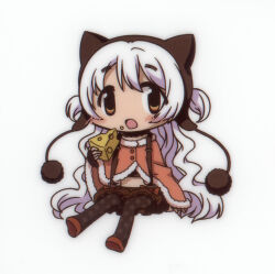 1girl absurdres animal_ear_hood animal_ears brown_skirt capelet cheese chibi eating fake_animal_ears fingerless_gloves food fur-trimmed_capelet fur_trim gloves hair_between_eyes hat highres holding hood long_hair magical_girl mahou_shoujo_madoka_magica midriff momoe_nagisa momoe_nagisa_(magical_girl) multicolored_eyes non-web_source official_art open_mouth pantyhose polka_dot scan skirt soul_gem suspenders twintails white_background white_hair yellow_eyes
