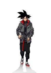 1boy alternate_costume black_bodysuit black_eyes black_hair black_pants bodysuit dragon_ball dragon_ball_super earrings expressionless goku_black jacket jewelry long_sleeves looking_at_viewer nxauto pants potara_earrings saiyan solo spiked_hair streetwear tennis_shoes white_background