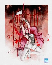 Rule 34 | absurdres, armor, bikini armor, black ribbon, blood, blood stain, bodysuit, boots, flag, highres, holding, holding polearm, holding weapon, lupa (wuthering waves), open mouth, pink hair, polearm, ribbon, screaming, weapon, wuthering waves, yellow eyes
