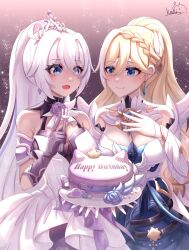 2girls absurdres birthday_cake blonde_hair blue_dress blue_eyes breasts cake chinese_commentary cleavage closed_mouth commentary_request cutescookie dress durandal_(honkai_impact) earrings elbow_gloves food fork gloves happy_birthday highres holding holding_fork honkai_(series) honkai_impact_3rd jewelry kiana_kaslana kiana_kaslana_(herrscher_of_flamescion) kiana_kaslana_(time_runner) large_breasts long_hair multiple_girls official_alternate_costume open_mouth ponytail purple_gloves smile tiara very_long_hair white_dress white_hair