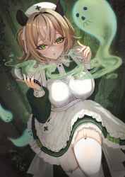 1girl absurdres animal_ears apron breasts center_frills commentary contrast_collar crossed_bangs dress fingernails frills garter_straps green_dress green_eyes hair_between_eyes hands_up hat highres holding holding_smoking_pipe indie_virtual_youtuber knee_up large_breasts long_sleeves looking_at_viewer mito_soosu name_tag naplings_(nimi_nightmare) nimi_nightmare nurse nurse_cap one_side_up open_mouth smoking_pipe solo tapir_ears tapir_girl thighhighs virtual_youtuber white_apron white_thighhighs
