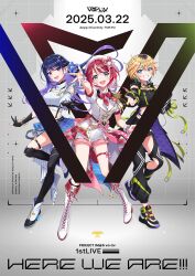 aiguillette artist_logo asymmetrical_gloves black_gloves black_thighhighs boots character_name english_text gloves high_heels highres idol idolmaster idolmaster_va-liv kamizuru_cosmo lace-up_boots letora_(idolmaster) logo midriff mismatched_gloves morikura_en multicolored_hair partially_fingerless_gloves promotional_art ribbon shoes skirt sneakers thighhighs thighs tomori_manaka
