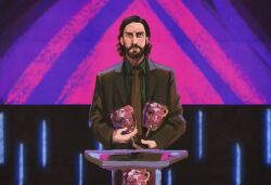 Rule 34 | 1boy, alan wake, alan wake (game), beard, black hair, blue eyes, brown coat, brown necktie, coat, collared shirt, facial hair, game show, green shirt, holding, holding trophy, looking at viewer, male focus, medium hair, necktie, neo jpeg, neon lights, podium, shirt, solo, surprised, the game awards, trophy, upper body, wide-eyed