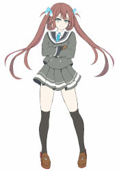 1girl asagumo_(kancolle) ascot black_sailor_collar black_thighhighs blue_ascot blue_eyes blush brown_hair crossed_arms dairyo3 full_body grey_jacket grey_skirt hair_ornament hair_ribbon jacket kantai_collection long_hair official_alternate_costume pleated_skirt ribbon sailor_collar school_uniform skirt smile solo thighhighs twintails white_background winter_clothes