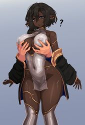 1boy 1girl ? barbariank bare_shoulders black_hair black_jacket blue_eyes breasts center_opening commentary covered_erect_nipples covered_navel dark-skinned_female dark_elf dark_skin disembodied_hand dress ear_piercing elf english_commentary grabbing_another&#039;s_breast grabbing_from_behind grey_background groping hair_between_eyes highres jacket large_breasts linked_piercing long_pointy_ears long_sleeves off_shoulder open_clothes open_jacket original pelvic_curtain piercing pointy_ears puffy_long_sleeves puffy_sleeves short_dress short_hair simple_background solo solo_focus very_dark_skin white_dress