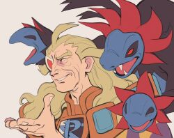1boy ahoge commentary gen_5_pokemon ghetsis_(pokemon) green_hair grey_background grin hand_up highres hydreigon logo long_hair lynn_(daisiloou) male_focus nintendo pokemon pokemon_(creature) pokemon_bw red_eyes smile team_plasma teeth white-framed_eyewear wrinkled_skin