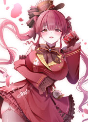 1girl absurdres bare_shoulders black_hat blush breasts cowboy_shot dress hat heterochromia highres hinoki_kahun0 holding hololive houshou_marine large_breasts parted_lips red_dress red_eyes red_hair simple_background solo top_hat twintails virtual_youtuber white_background yellow_eyes